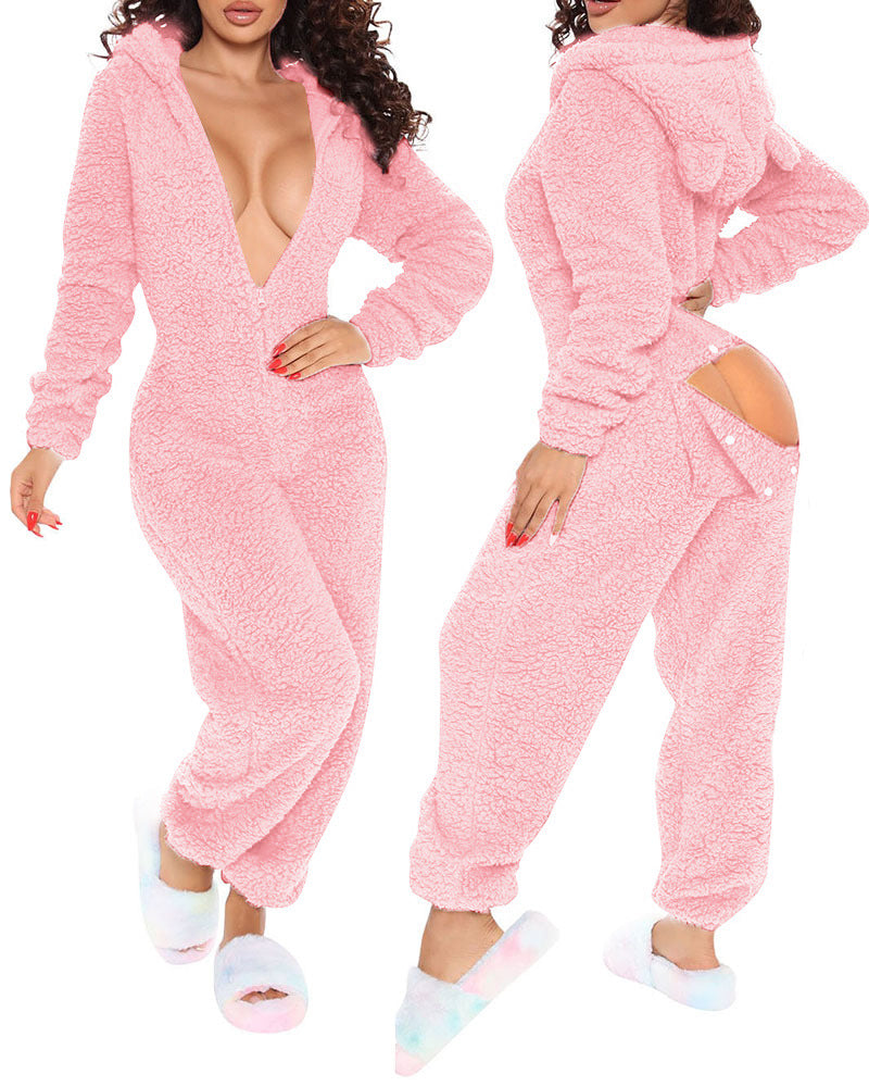 Solid Color Plush Long Sleeve Jumpsuit for Women