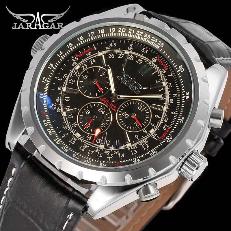 JARAGAR Black Three-Eye Six-Needle Automatic Watch