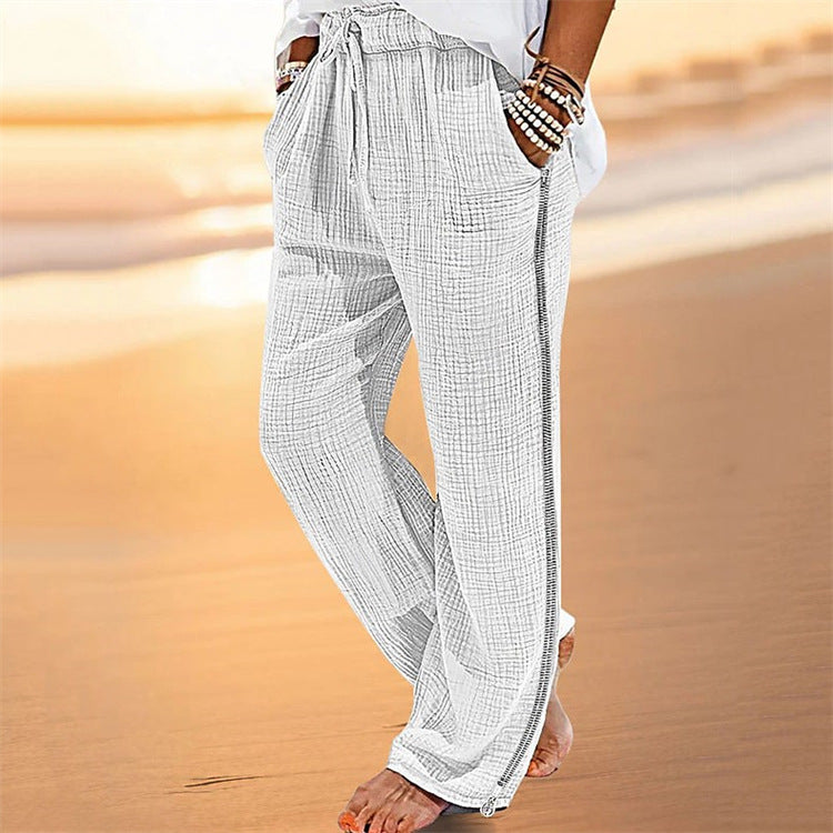 Men's Cotton Linen Beach Pants with Drawstring and Zipper