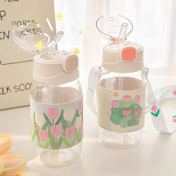 Ins Tulip Water Cup with Straw - Cute Portable Glass