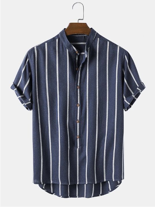 Stylish Striped Short Sleeve Men's Shirt with Stand Collar