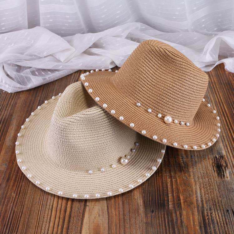 Korean Style Pearl Wide-Brim Straw Hat for Adults