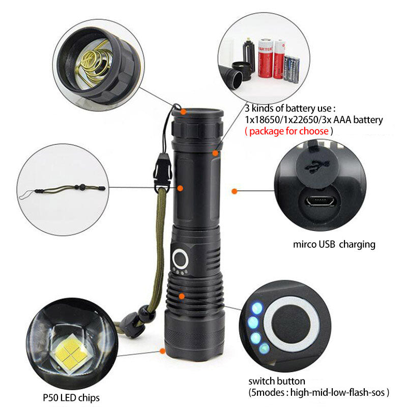 XHP50 Aluminum Alloy Flashlight with USB Rechargeable Zoom