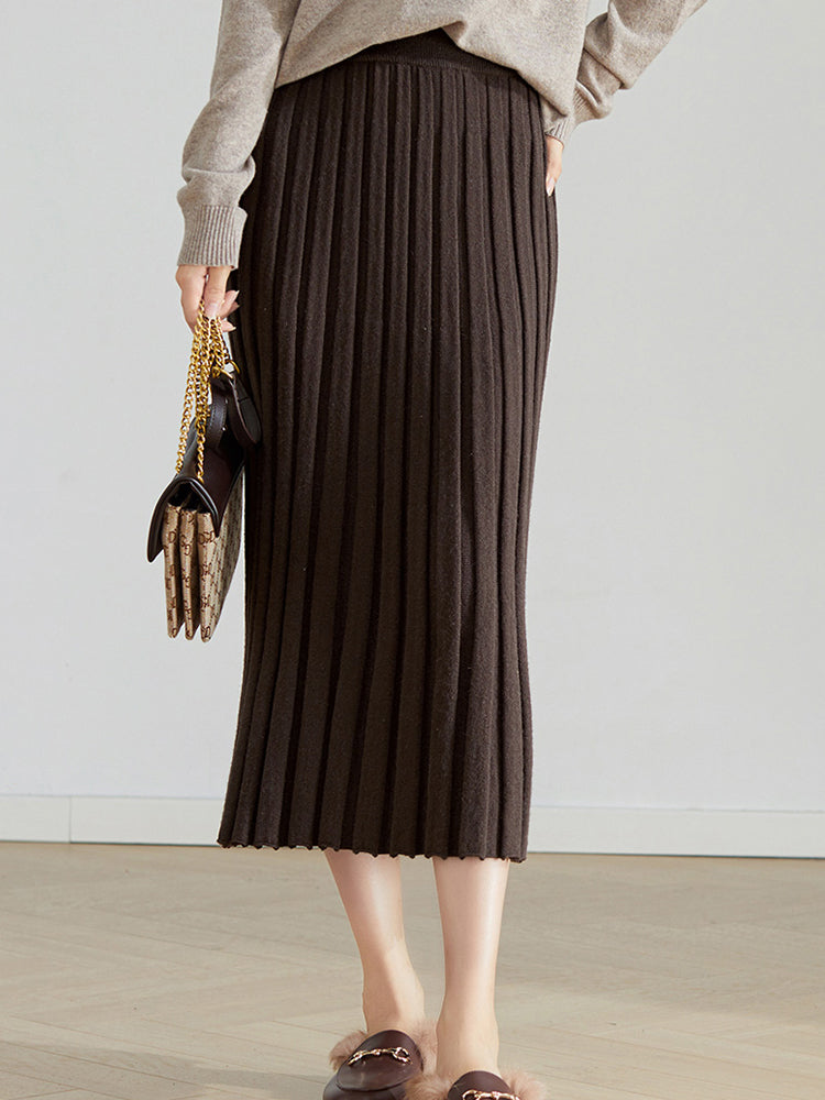 Sentubila Brown Knitted Long High Waist Skirt for Women