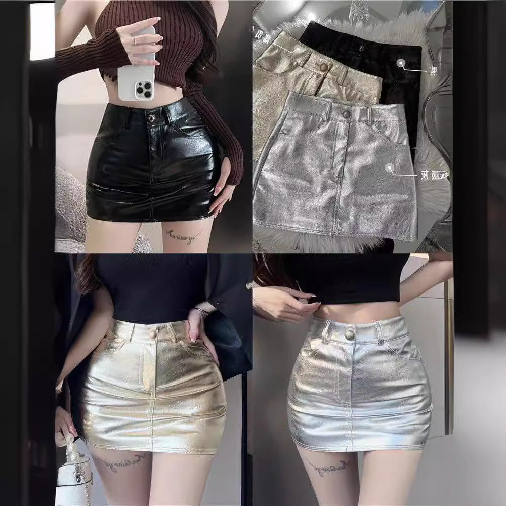 Silver PU Leather High-Waisted Mini Skirt for Women
