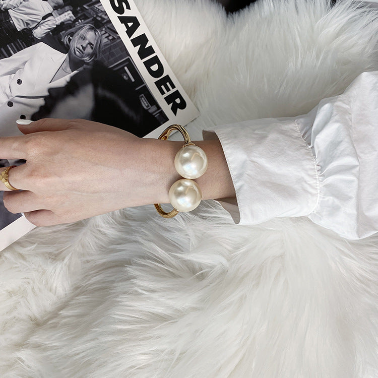 Minimalist Pearl Bracelet and Open Bangle for Women