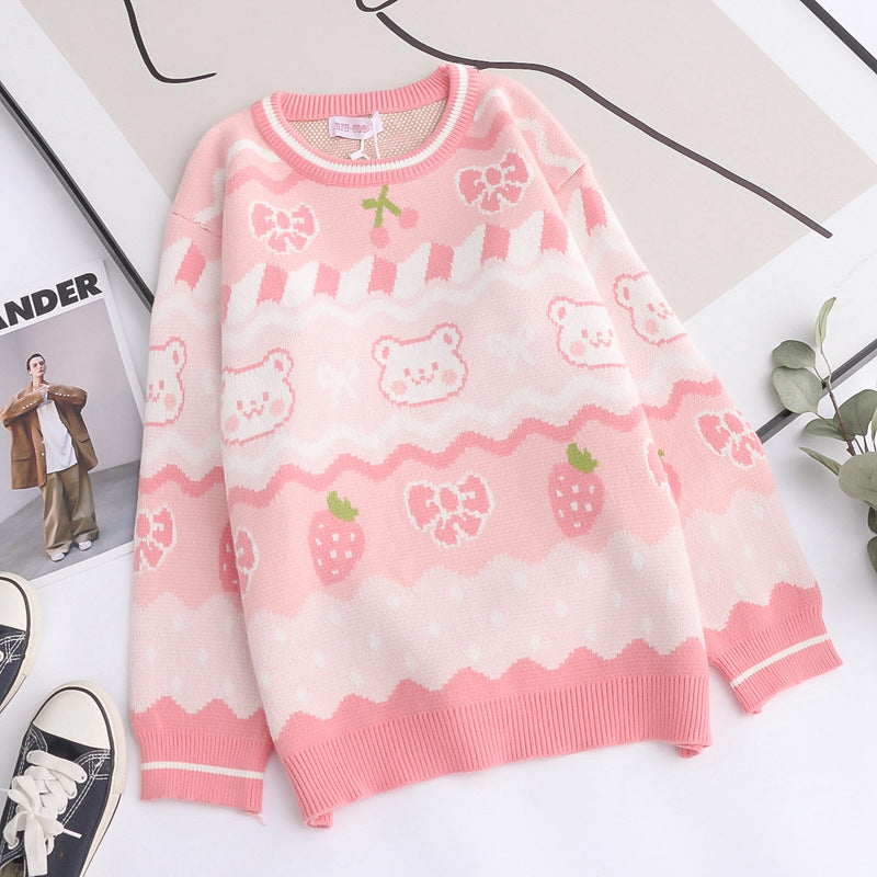 YH16413 Women's Cute Cartoon Bear Knit Sweater