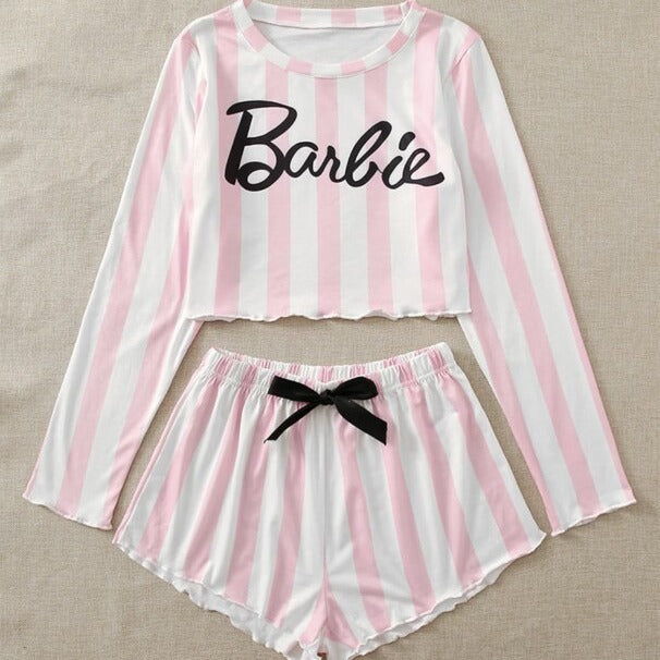 Striped Long Sleeve Pajama Set with Shorts (Two Pieces)
