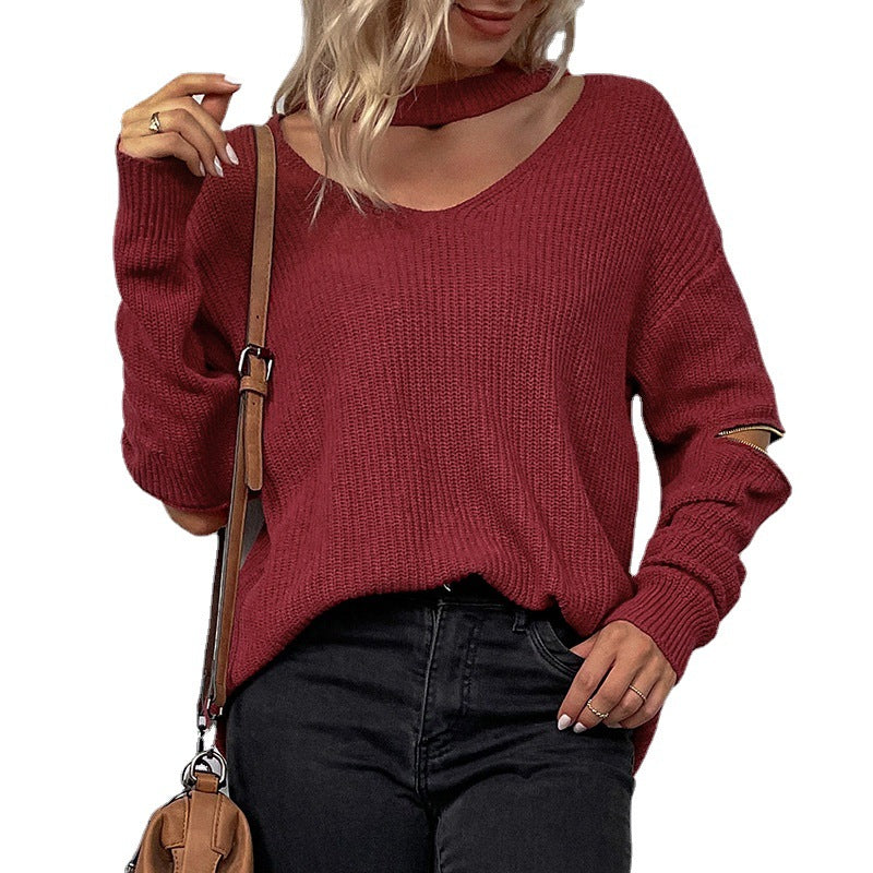 V-Neck Knit Sweater with Zipper for Women 2023 Fall