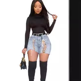 New Elastic Denim Shorts with Tie Design