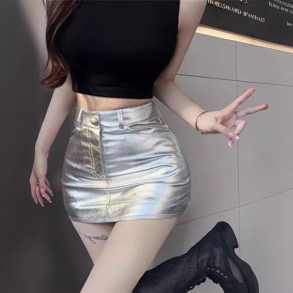 Silver PU Leather High-Waisted Mini Skirt for Women