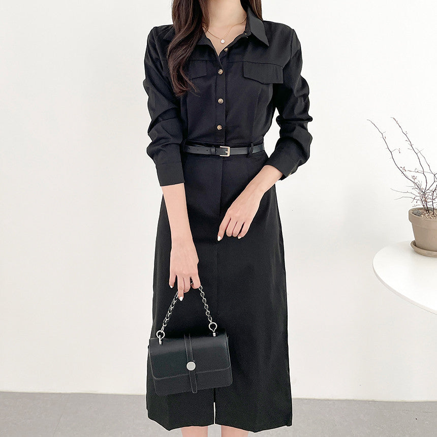Korean Chic Vintage Shirt Dress with Belt and Collar