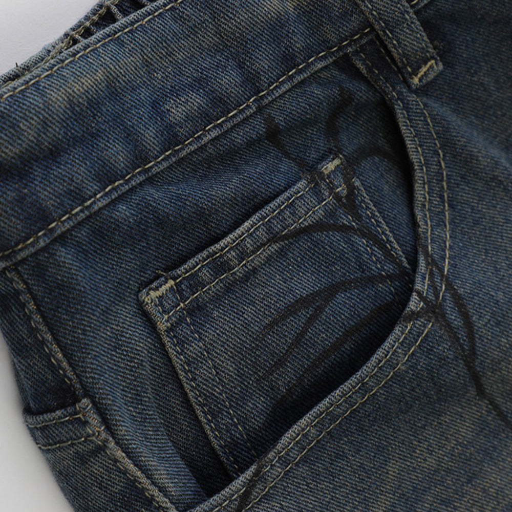 Men's Loose Vintage Denim Shorts with Spider Print