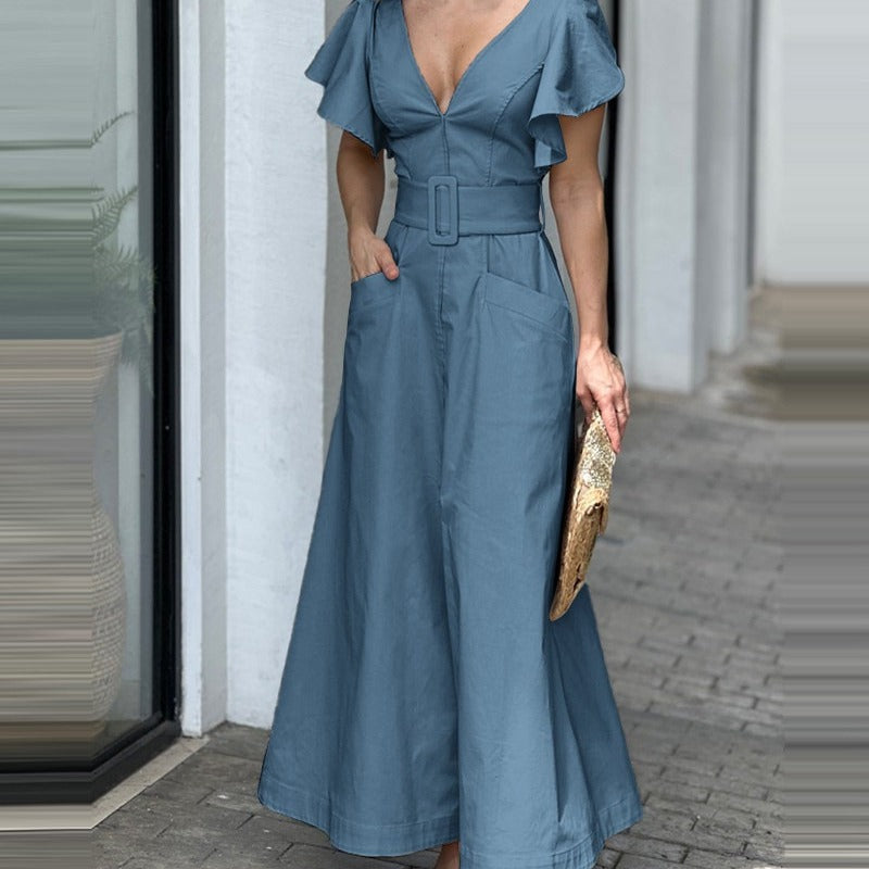 2023 New V-Neck Solid Color Ruffle Sleeve Dress