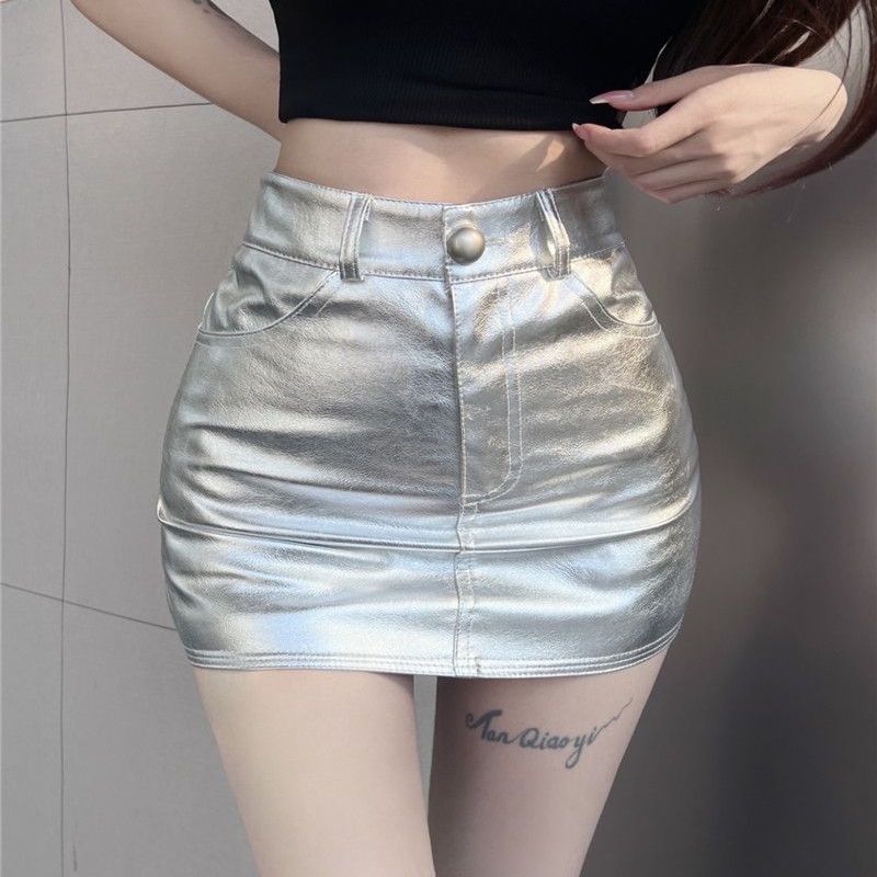 Silver PU Leather High-Waisted Mini Skirt for Women