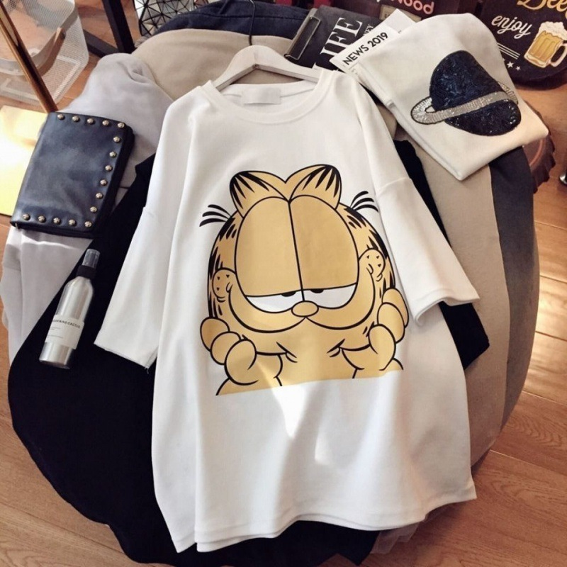 Korean Style Women's Short Sleeve T-Shirt with Cat Print