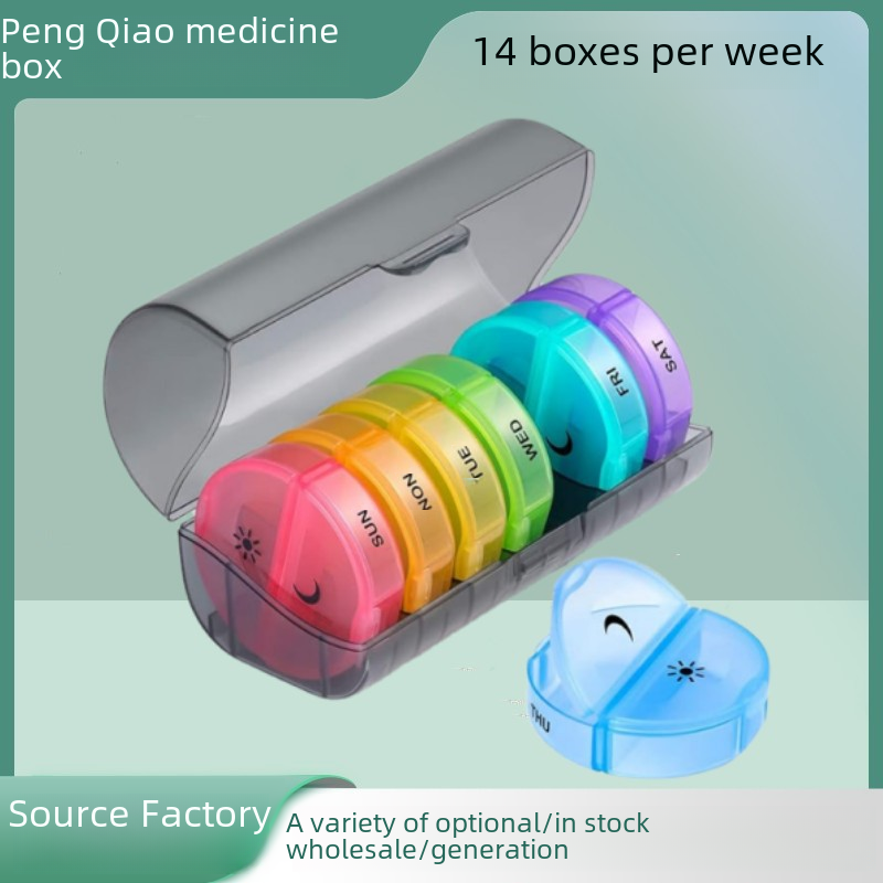 Portable Black Plastic Pill Box with 14 Compartments