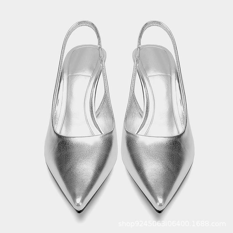Summer New Silver Pointed Toe Chunky Heel Sandals