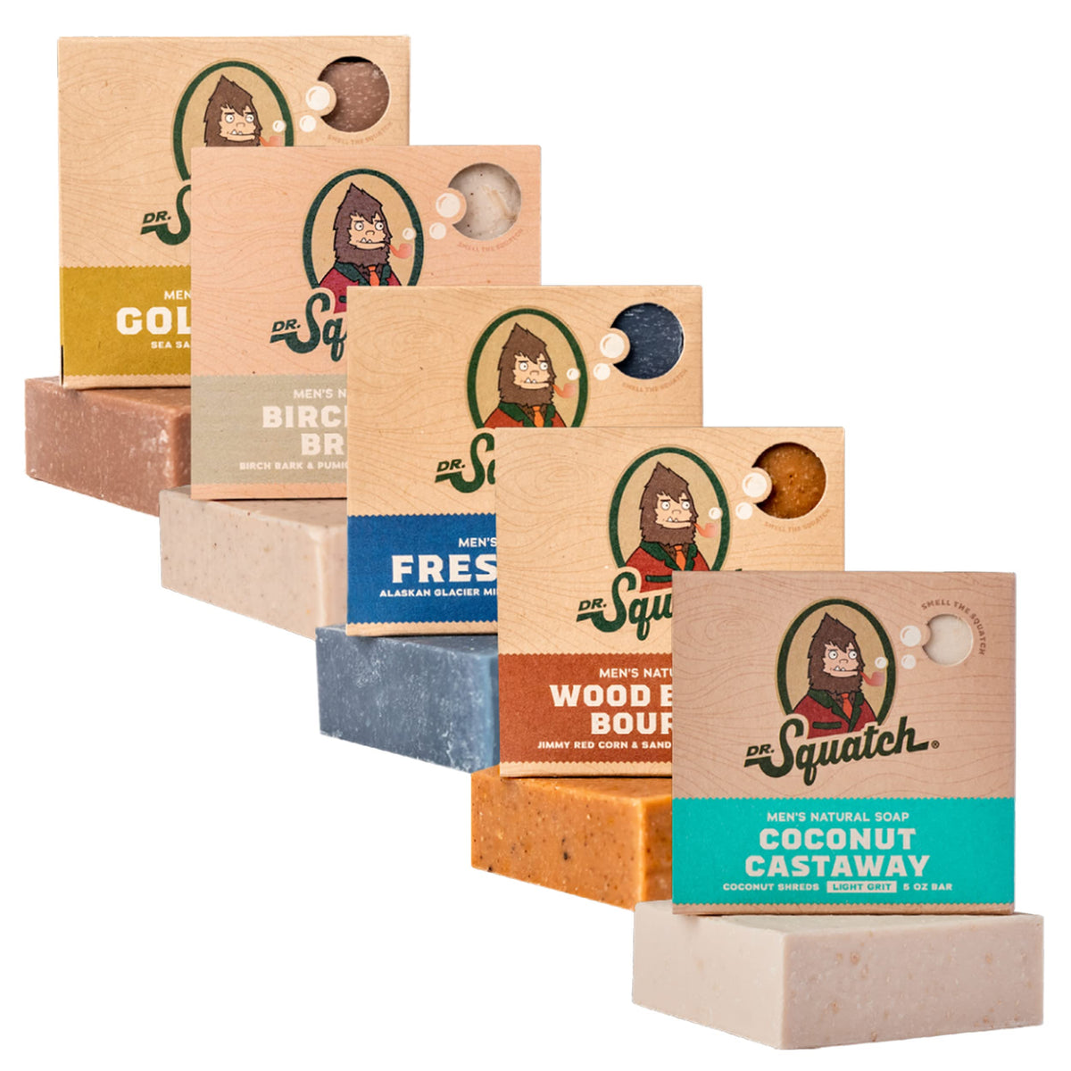 Dr. Squatch All Natural Bar Soap for Men 5 Bar Variety Pack - NEW Coconut Castaway Wood Barrel Bourbon Fresh Falls Birchwood Breeze Gold Moss