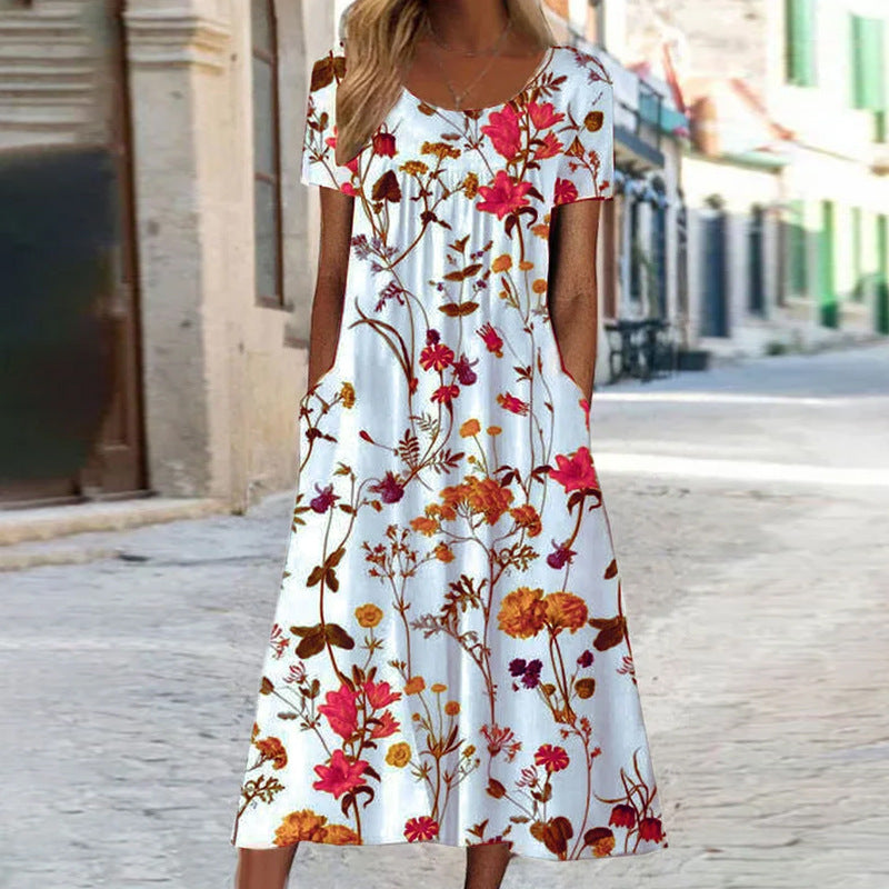 Loose Fit Short Sleeve Printed Bohemian Dress