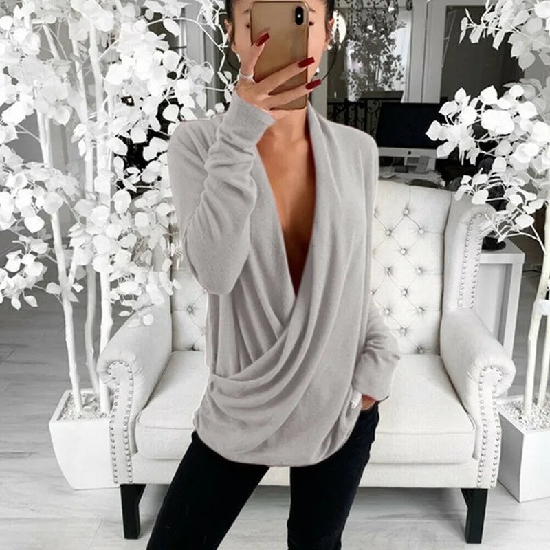 2023 Women's V Neck Long Sleeve Pleated Wrap Top Blouse
