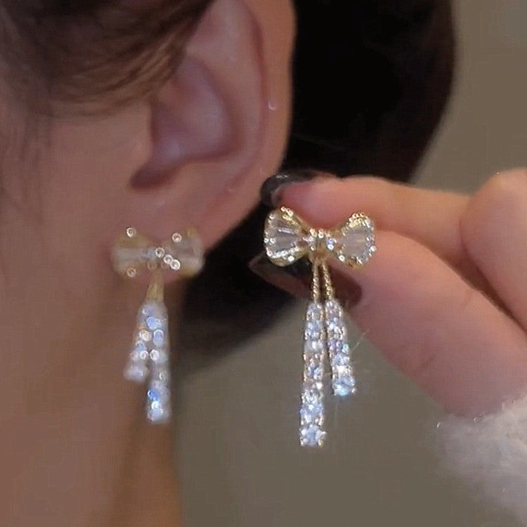Fashionable Zircon Crystal Bow Earrings with Silver Hooks
