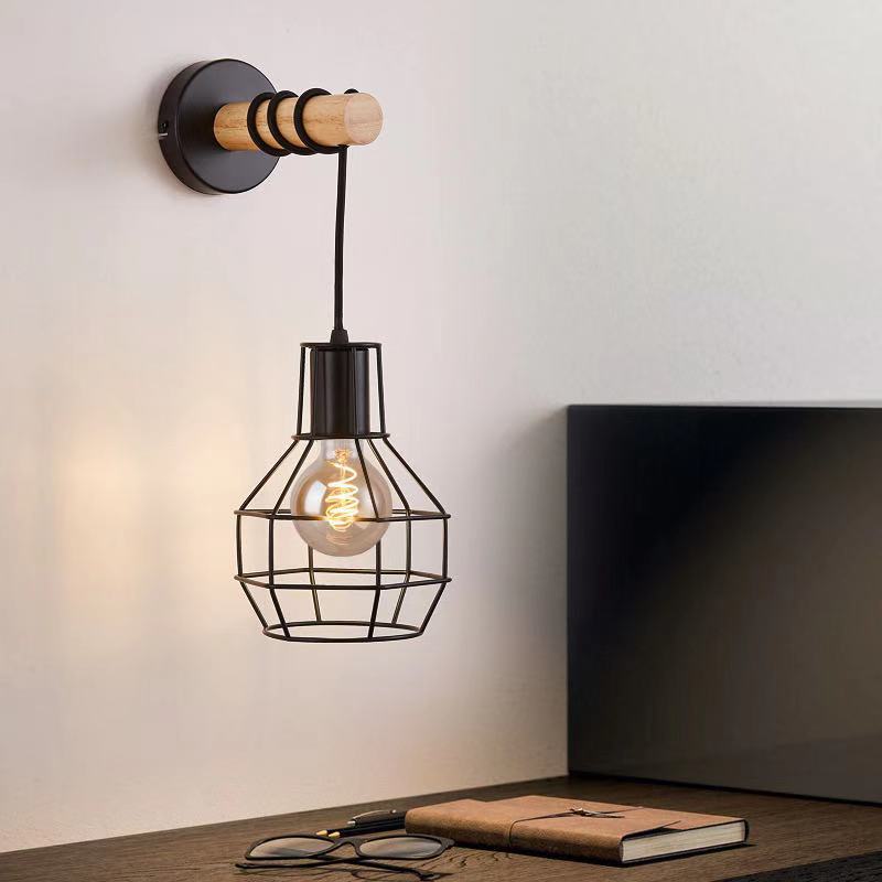 Creative American Wood Wall Lamp with Iron Shade E27