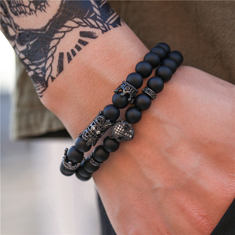 Vintage Black Matte Bracelet Set with Zircon Crown & Lion Head