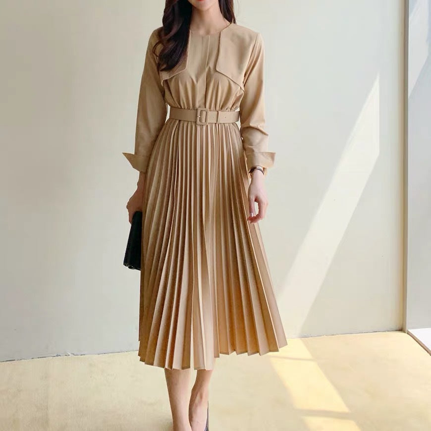 Chic Pleated Dress with Waist Tie Trench Coat