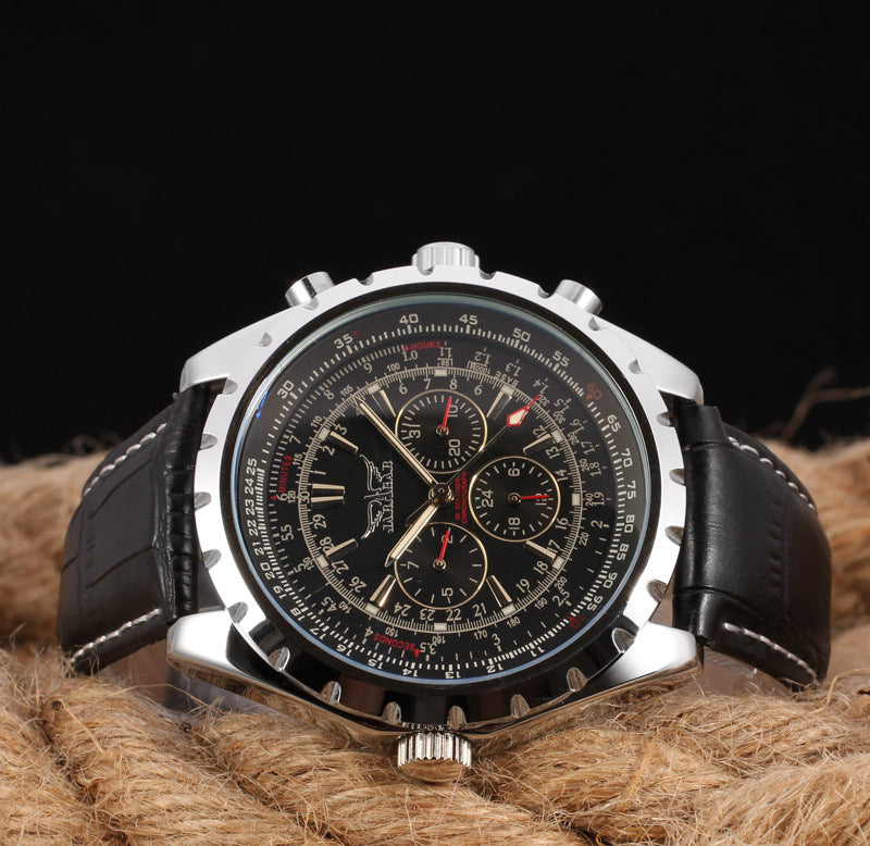 JARAGAR Black Three-Eye Six-Needle Automatic Watch