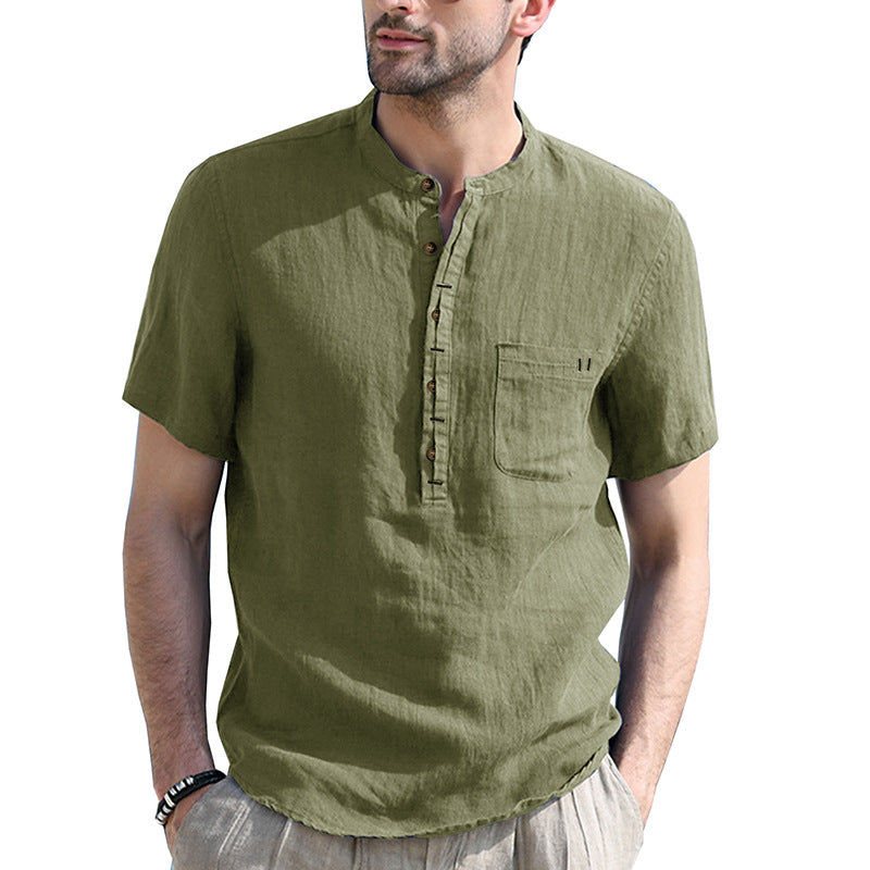 Men's Casual Cotton Linen Short Sleeve Polo Shirt