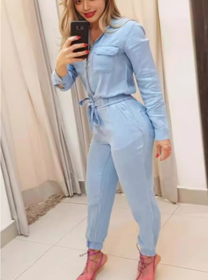 2021 New Women's Blue Zipper Jumpsuit for E-commerce