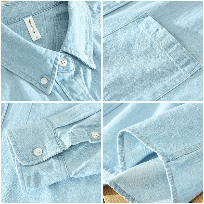 Men's Loose-Fit Vintage Blue Denim Shirt, Long Sleeve