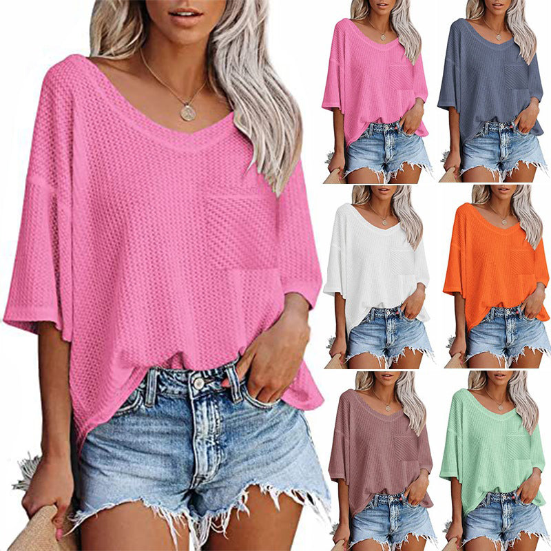 V-neck Summer Short Sleeve Green Shirts for Women