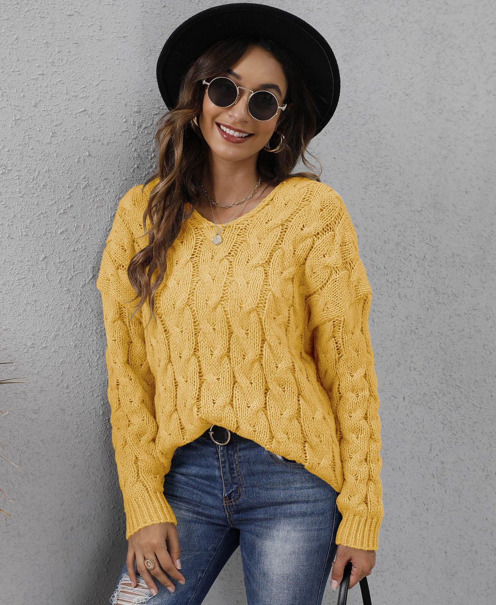 Fashionable Thick Knit V-Neck Hooded Sweater for Women