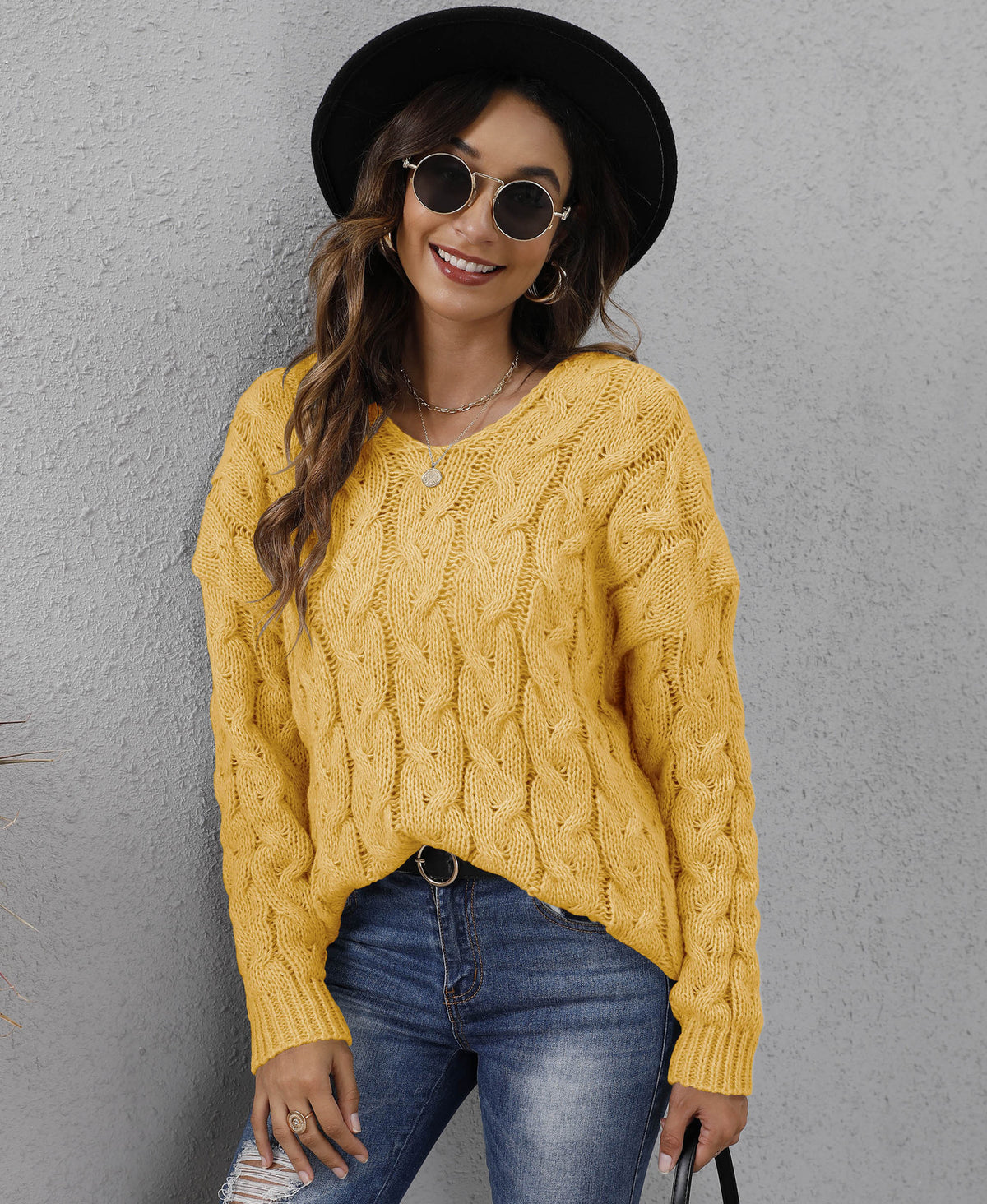 Fashionable Thick Knit V-Neck Hooded Sweater for Women