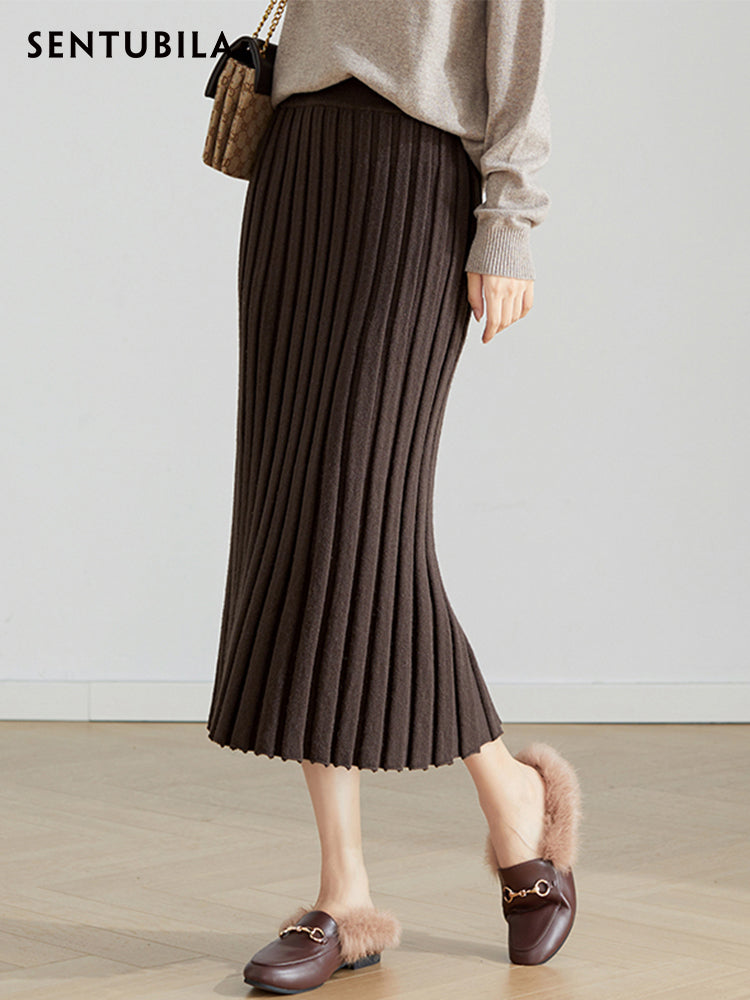 Sentubila Brown Knitted Long High Waist Skirt for Women