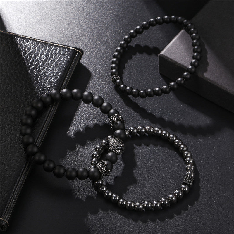 Vintage Black Matte Bracelet Set with Zircon Crown & Lion Head