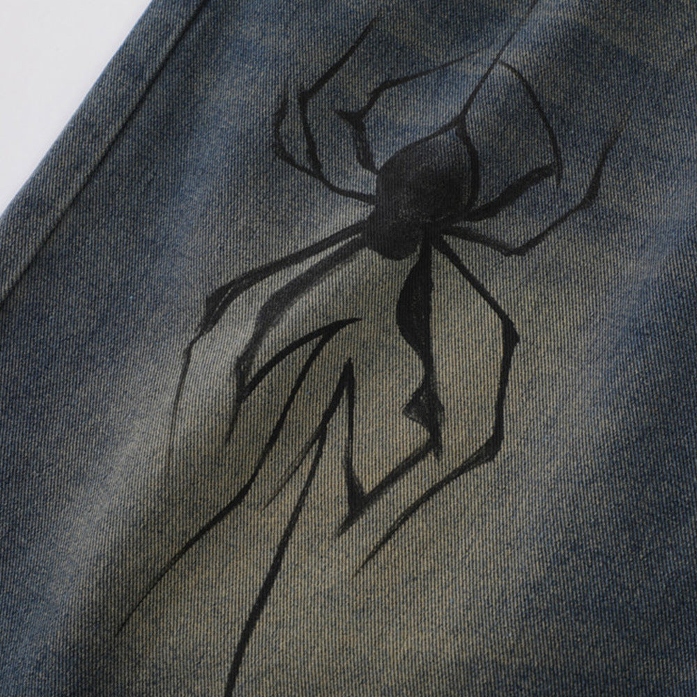 Men's Loose Vintage Denim Shorts with Spider Print