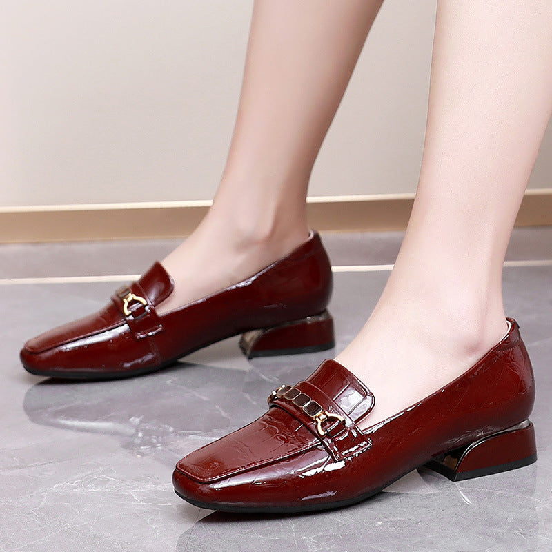 Square-Toe Patent Leather Stone Pattern Loafers for Women