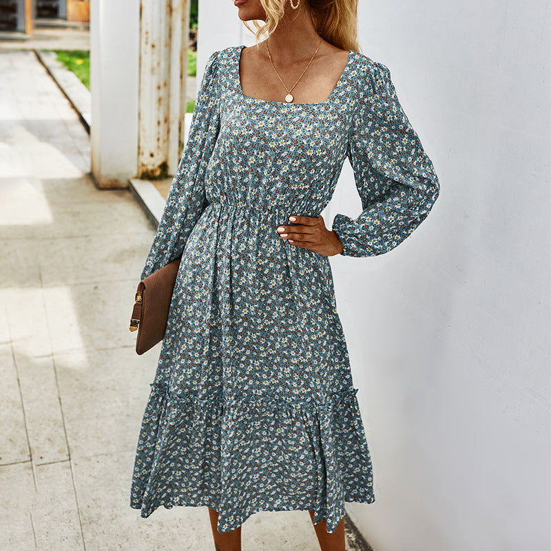 Autumn Winter Floral Print Dress with Square Neck