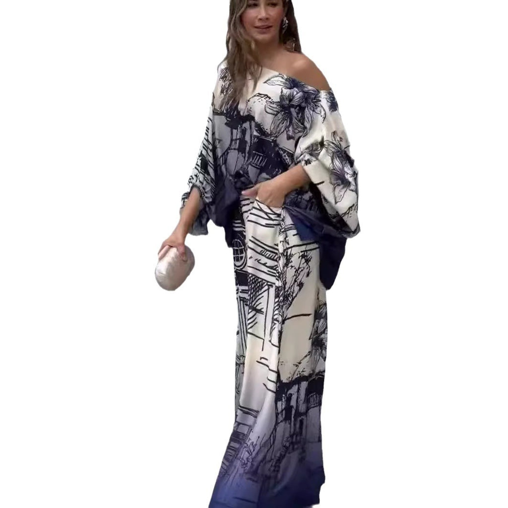 Fashion Long Sleeve Batwing Top & Wide Leg Pants Set
