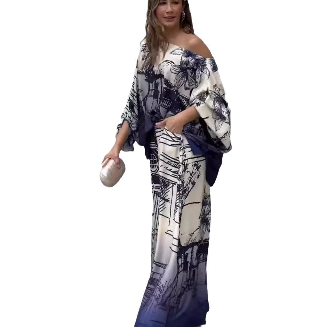 Fashion Long Sleeve Batwing Top & Wide Leg Pants Set