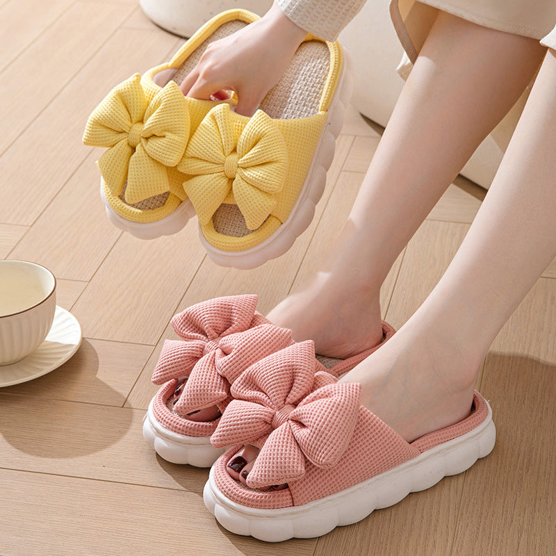 Solid Color Bow Knot Thick Sole Open Toe Slippers