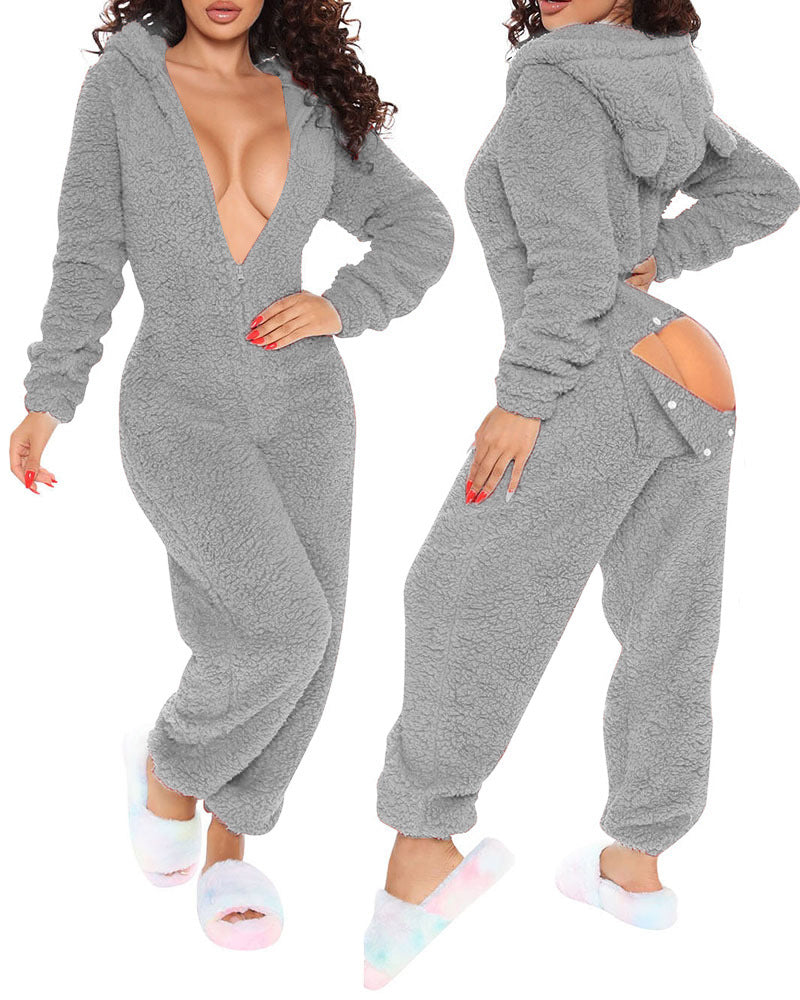 Solid Color Plush Long Sleeve Jumpsuit for Women