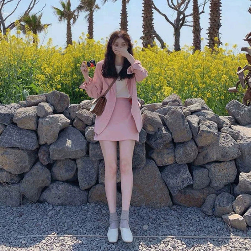 Pink British Style Women's Blazer and Skirt Set