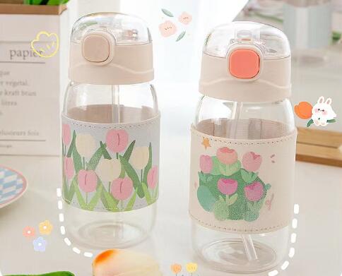 Ins Tulip Water Cup with Straw - Cute Portable Glass