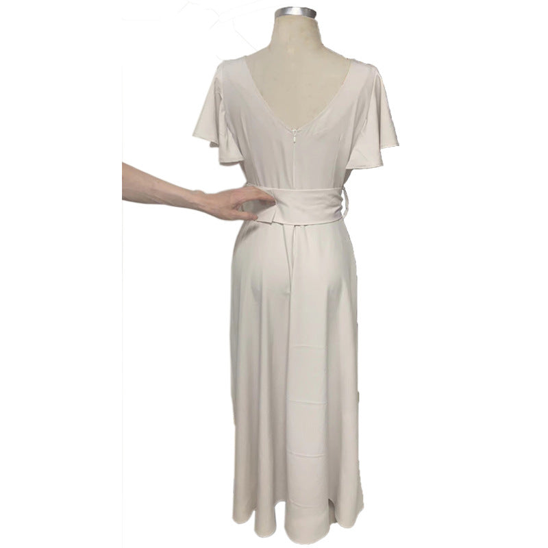 2023 New V-Neck Solid Color Ruffle Sleeve Dress