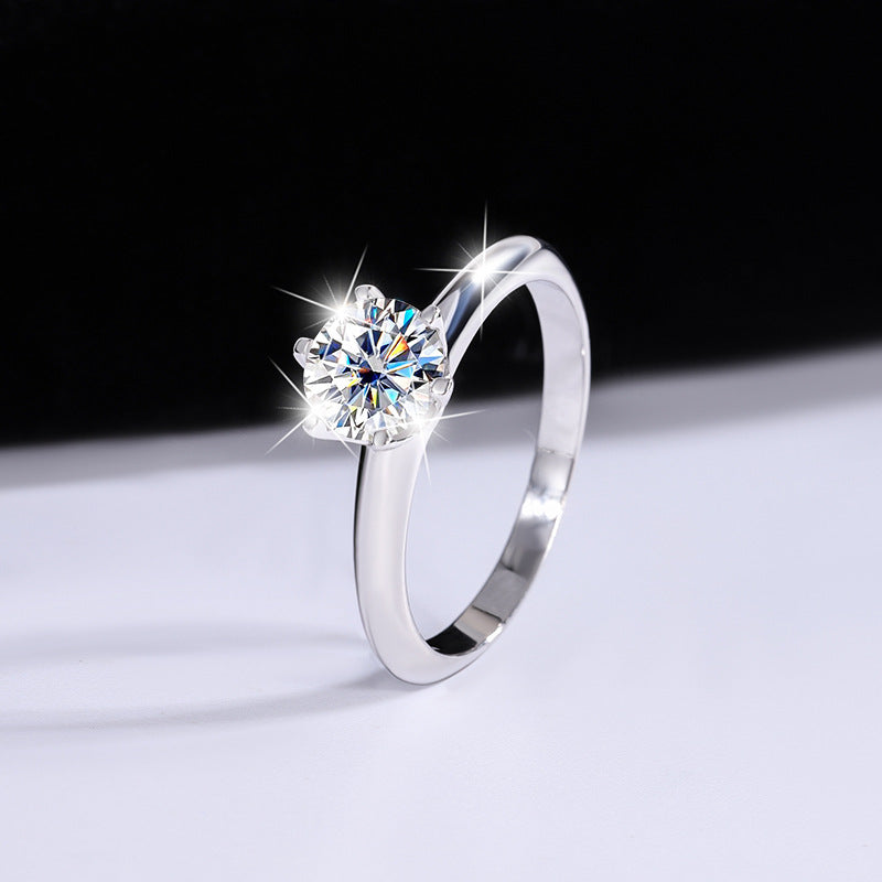 S925 Silver Ring with Six-Claw Moissanite Crown