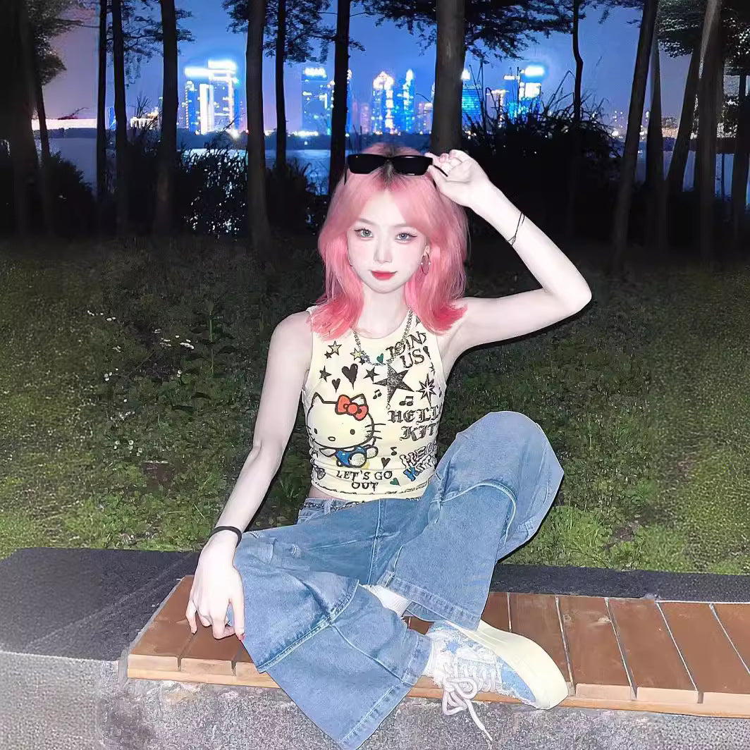 Japanese Style Kitty Cat Crop Top for Summer Streetwear